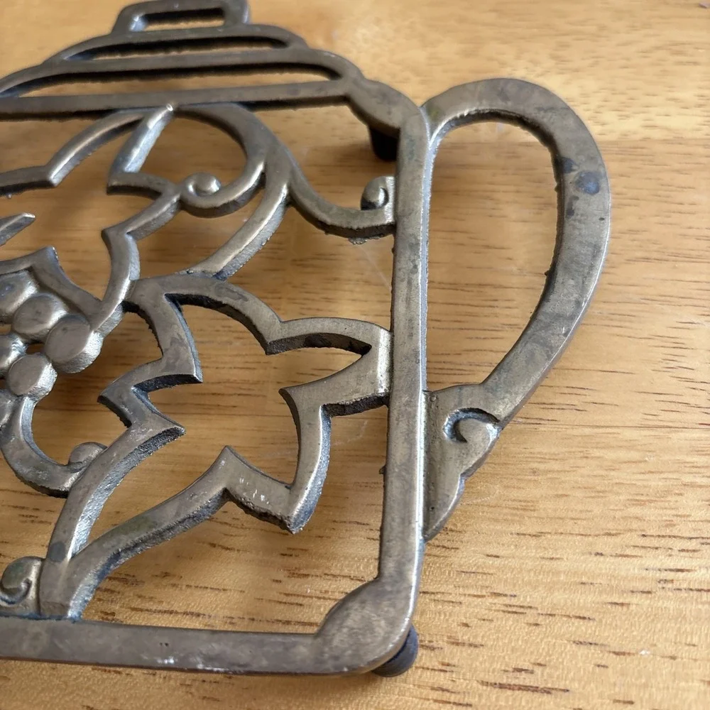 Vintage Brass Open Work Teapot Grapes Shaped Trivet Decor MCM 7